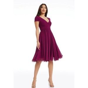 DRESS THE POPULATION Corey Chiffon Fit Flare Cocktail Dress Dark Magenta SIZE SM